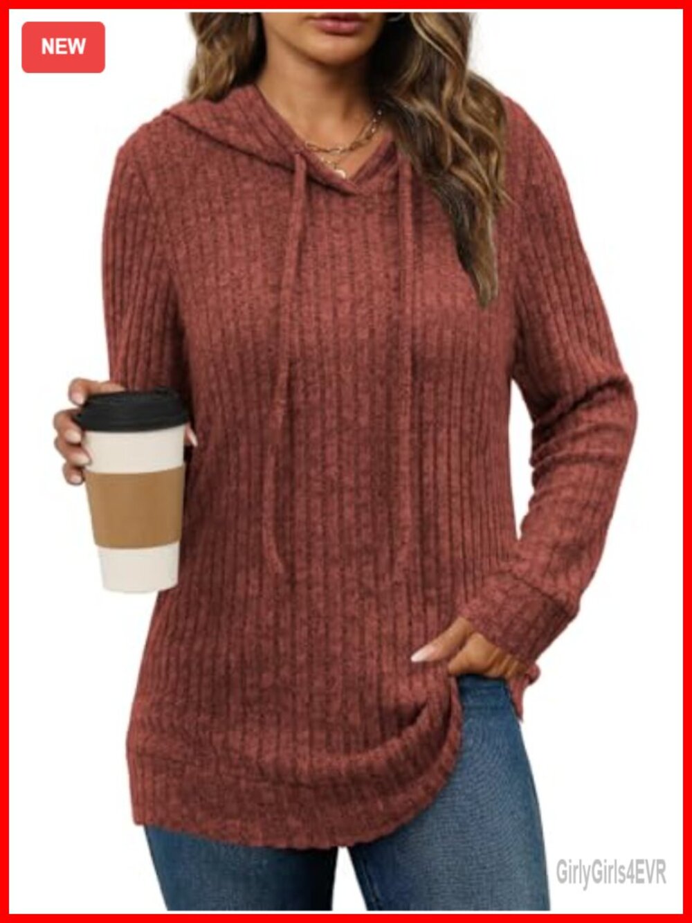 Women's Soft Ribbed Hoodie Pullover Sweater Long Sleeve Loose Fit Tunic Top